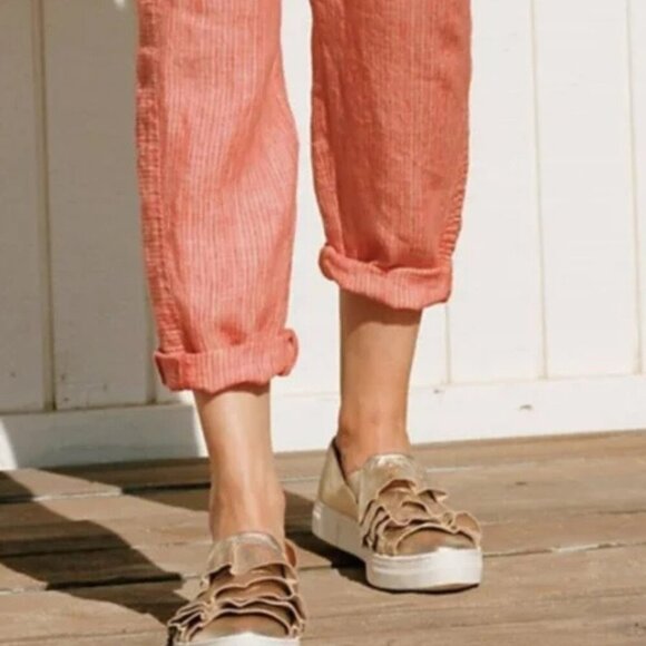 Anthropologie Coral Pink White Striped Linen Pull-On Pants 20242 - Picture 3 of 15